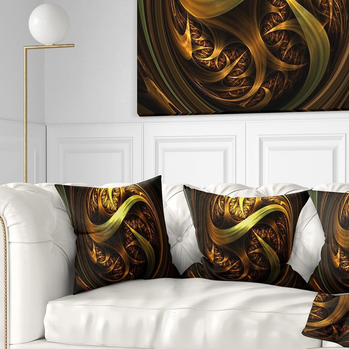 Designart Golden Fractal Sphere in Dark - Abstract Throw Pillow - 16x16