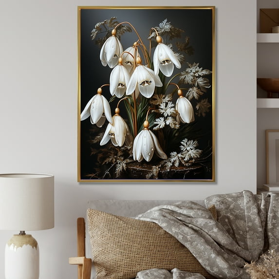 Designart "Golden Frost Snowdrops I" Snowdrops Floater Framed Wall Art Prints