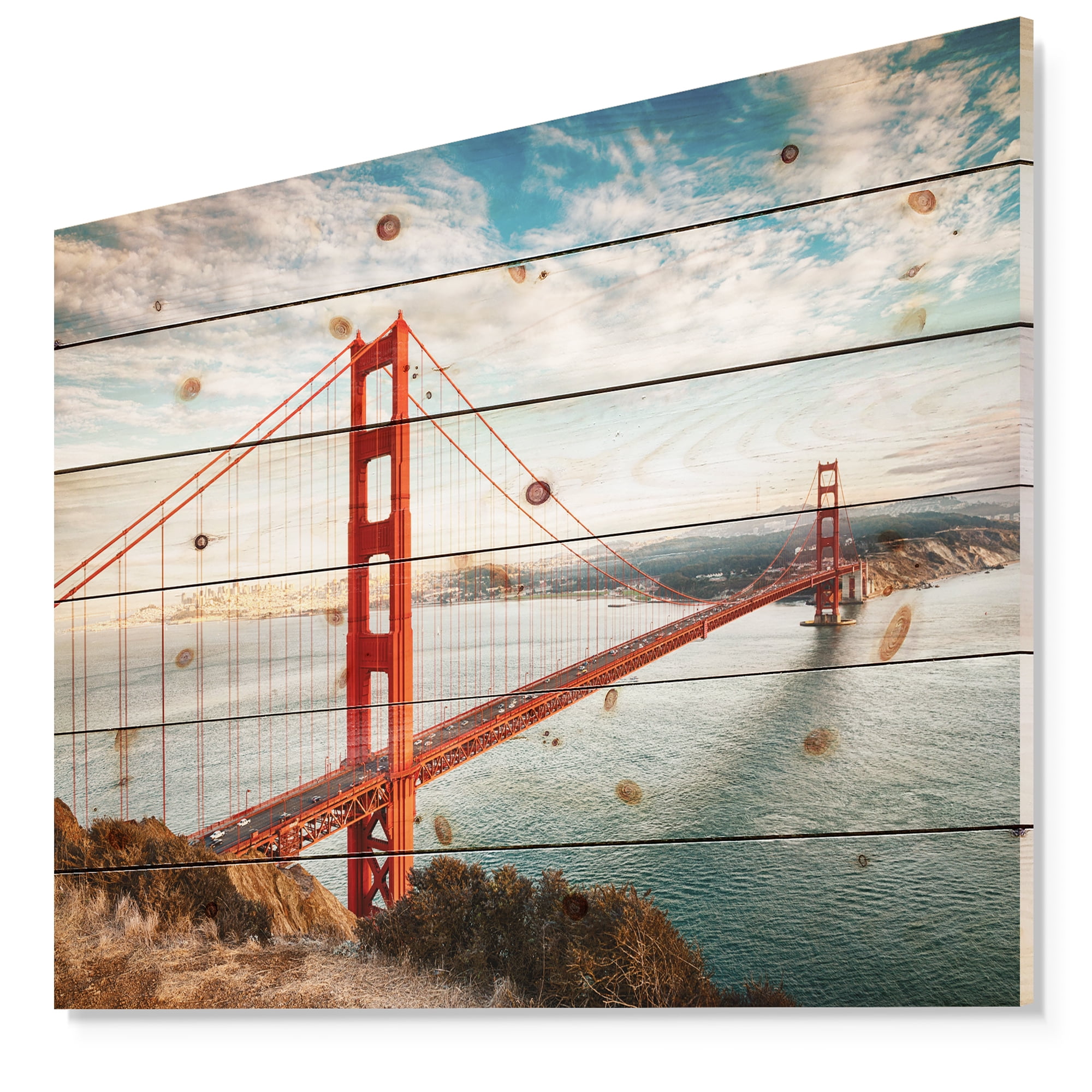 Designart 'Golden Gate Bridge in San Francisco' Sea Bridge Print on Natural Pine Wood