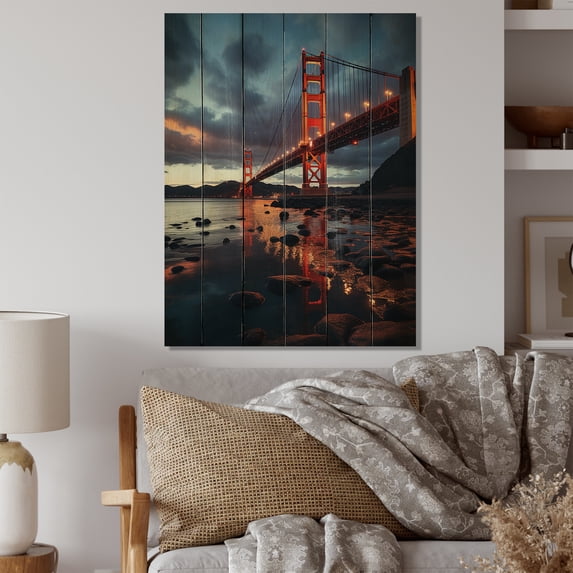 Designart "Golden Gate Symphony USA s Cloudy Sunset" American Print on Natural Pine Wood