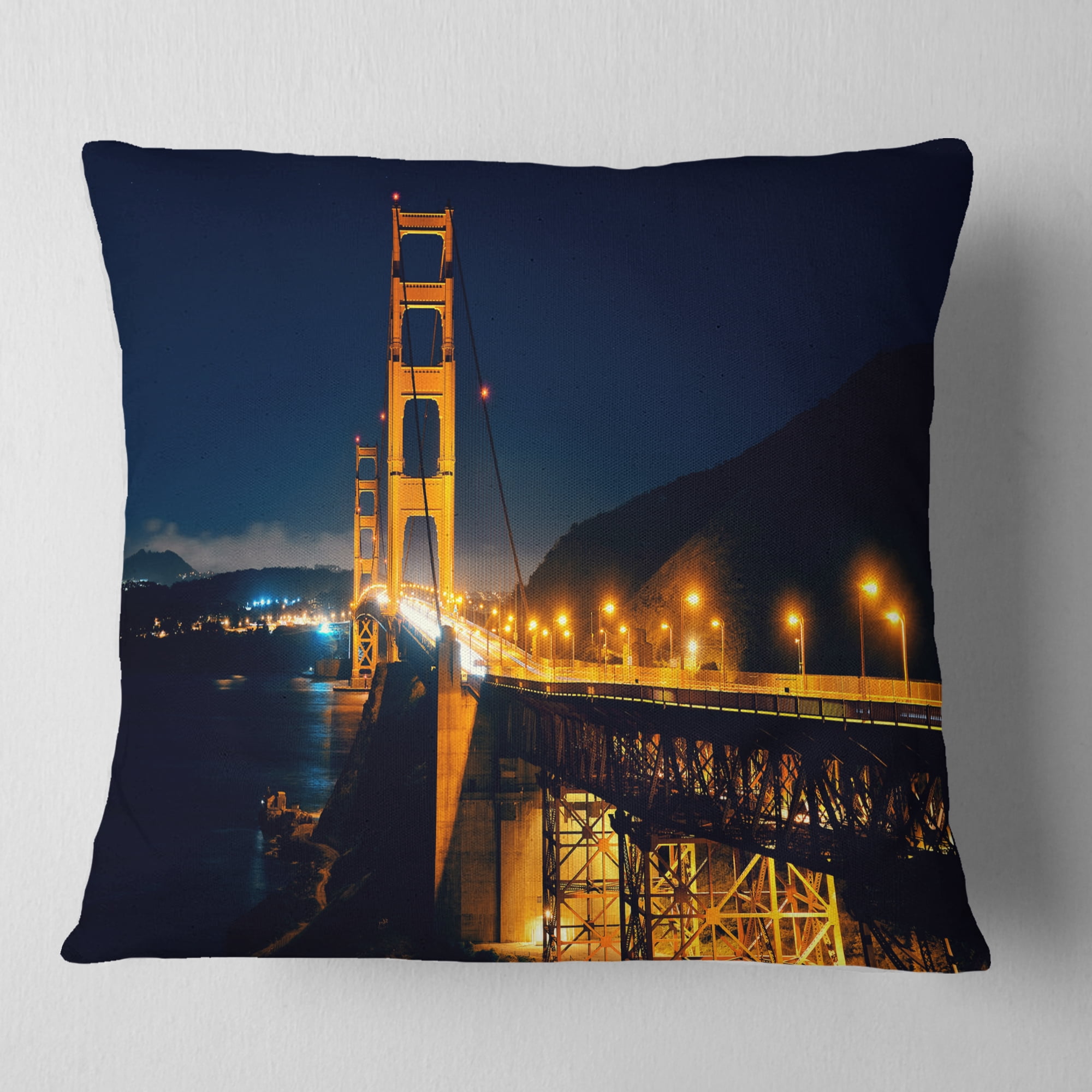 Designart Golden Gate at Night - Sea Bridge Throw Pillow - 16x16