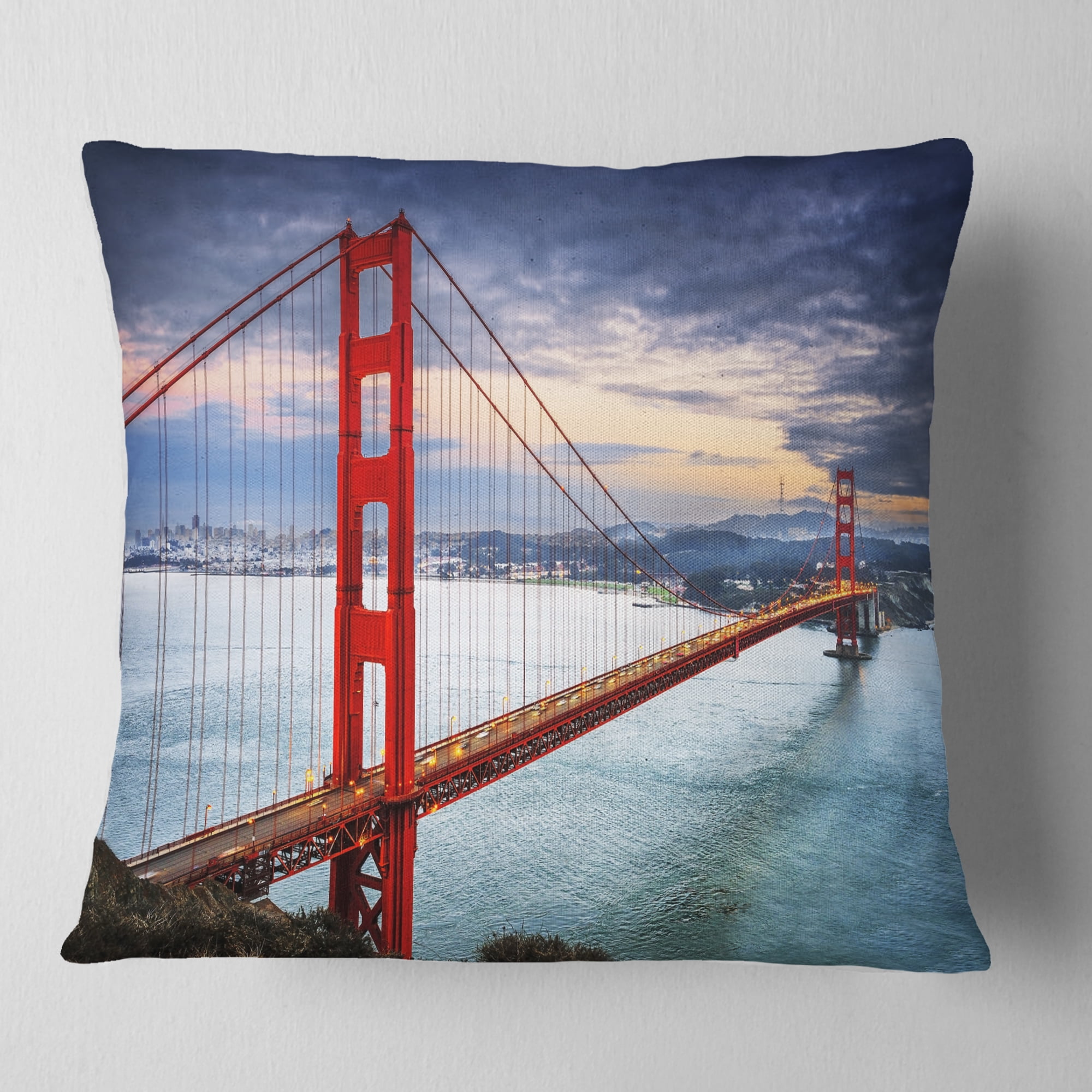 Designart Golden Gate under Cloudy Sky - Sea Bridge Throw Pillow - 16x16