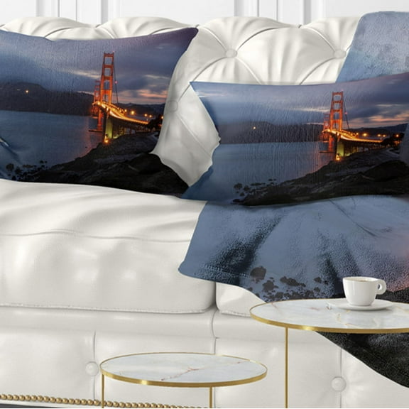Designart Golden Gate with Night Illumination - Sea Bridge Throw Pillow - 12x20