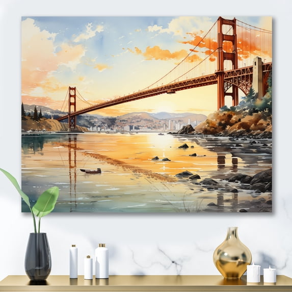 Designart "Golden Gateway Orange Bridge V" Bridges Wall Decor
