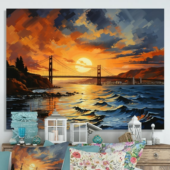 Designart "Golden Gateway Yellow Orange Bridge I" Bridges Wall Art Living Room