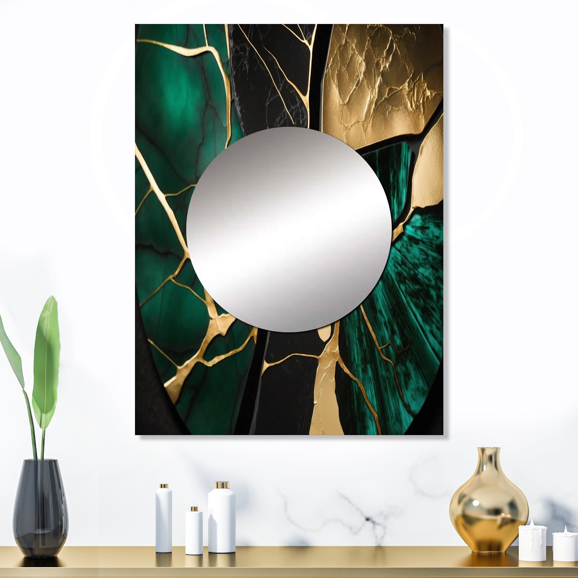 Rectangular Gold and Green Abstract Vanity Mirror