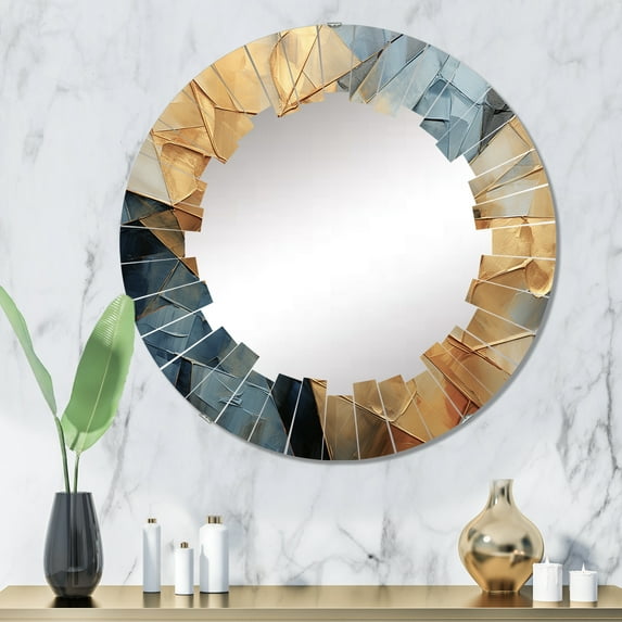 Designart "Golden Geometry Hardedge Art wall art I" Modern Round Wall Mirror - Abstract Oval Printed Decorative Oversized Mirror - Multiple Color Options