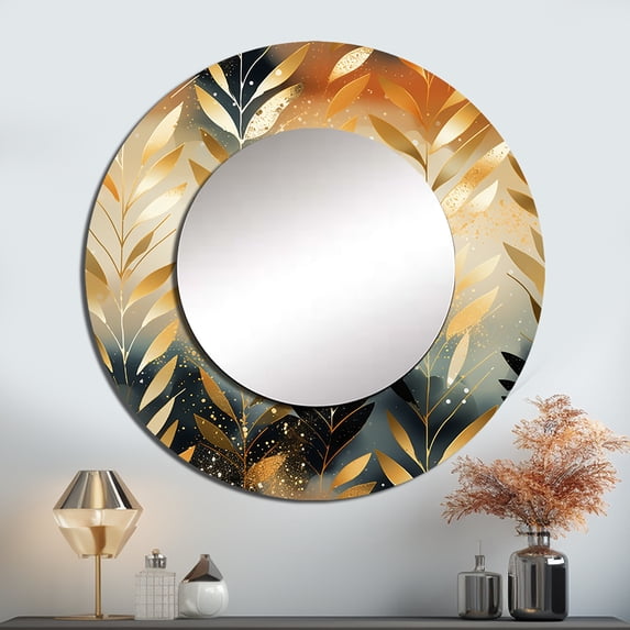 Designart "Golden Gilded Chevron Reverie I" Chevron Gold Large Round Mirror - Round Bedroom Mirror Wall Decor - Glam Round Printed Mirror - 23" x 23"