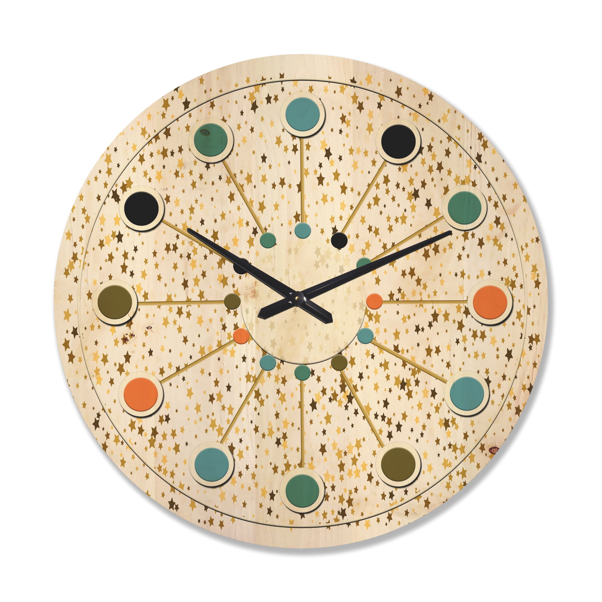 Designart 'Golden Glitter Confetti Retro Pattern' Mid-Century Modern Wood Wall Clock