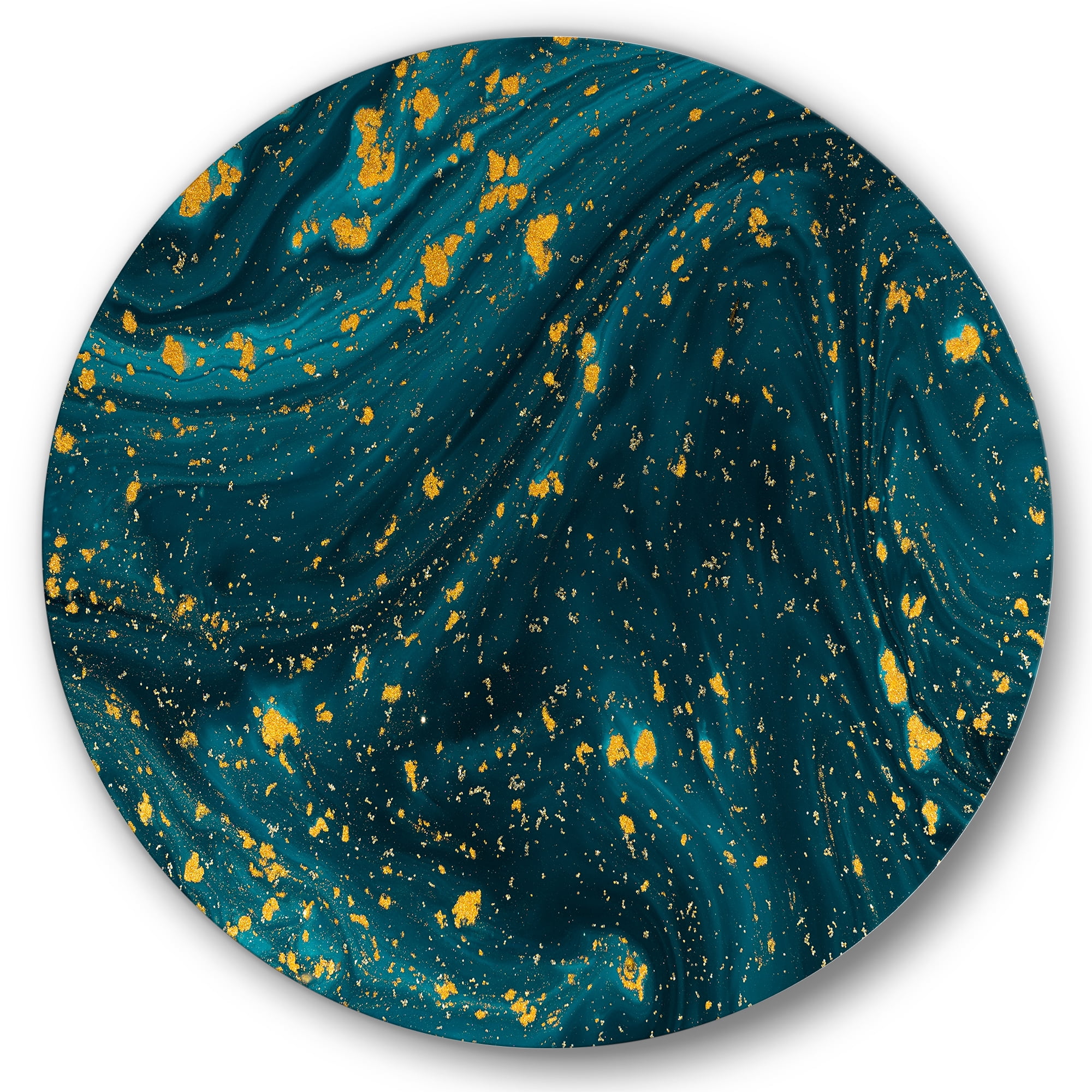 Designart 'Golden Glitter With Dark Blue Marble' Modern Circle Metal Wall Art 36x36 - Disc of 36