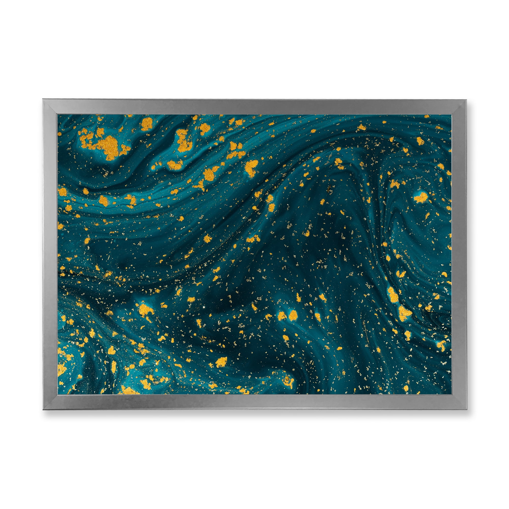Designart 'Golden Glitter With Dark Blue Marble' Modern Framed Art Print