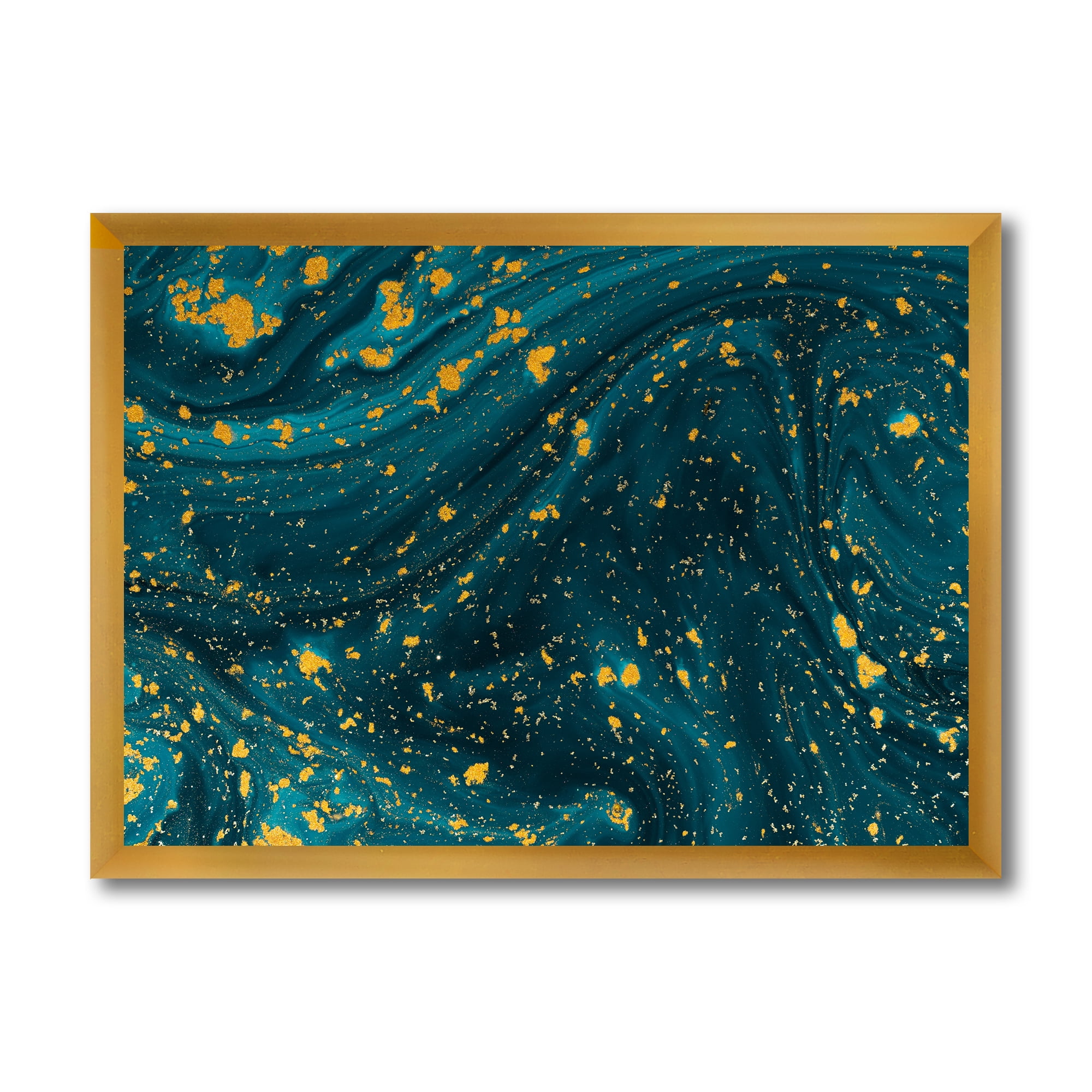 Designart 'Golden Glitter With Dark Blue Marble' Modern Framed Art Print