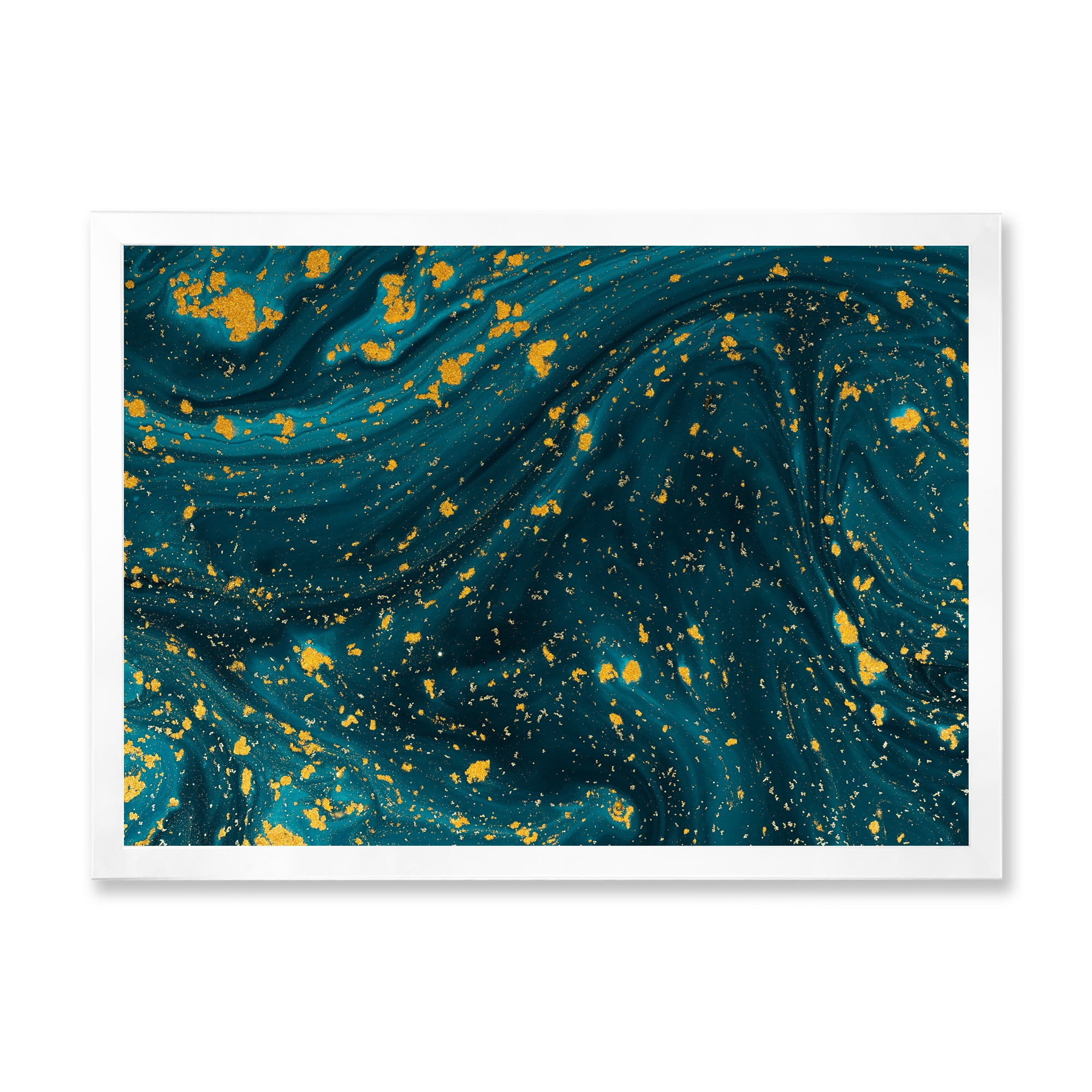 Designart 'Golden Glitter With Dark Blue Marble' Modern Framed Art Print