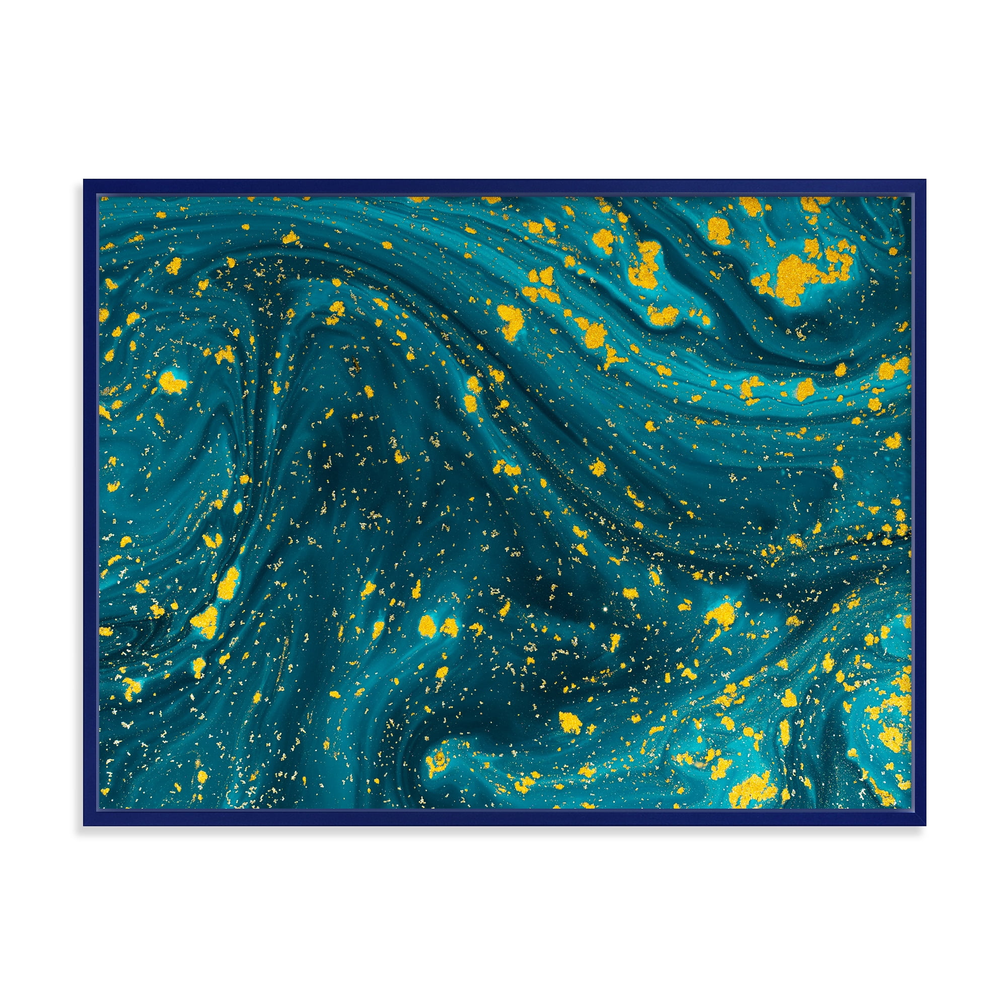 Designart 'Golden Glitter With Dark Blue Marble' Modern Framed Canvas Wall Art Print