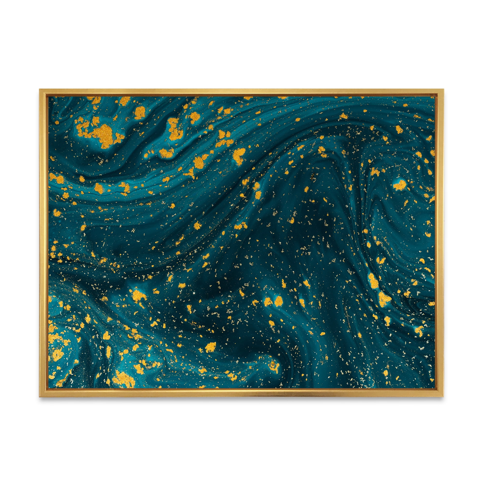 Designart 'Golden Glitter With Dark Blue Marble' Modern Framed Canvas Wall Art Print