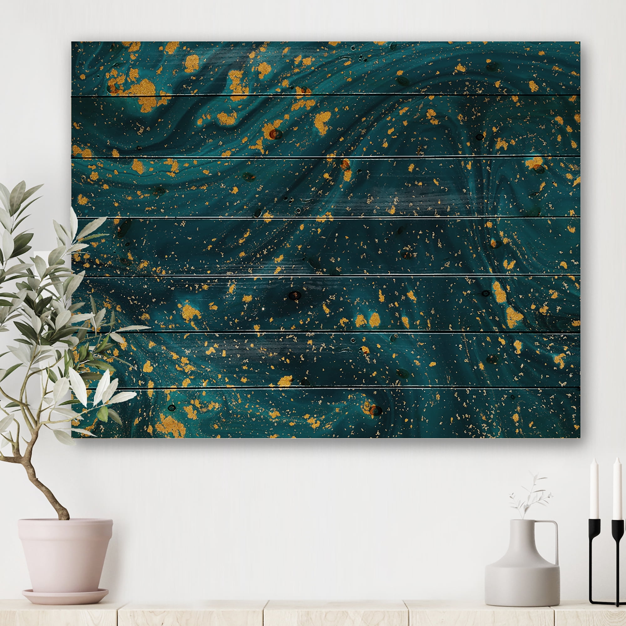 Designart 'Golden Glitter With Dark Blue Marble' Modern Print on Natural Pine Wood