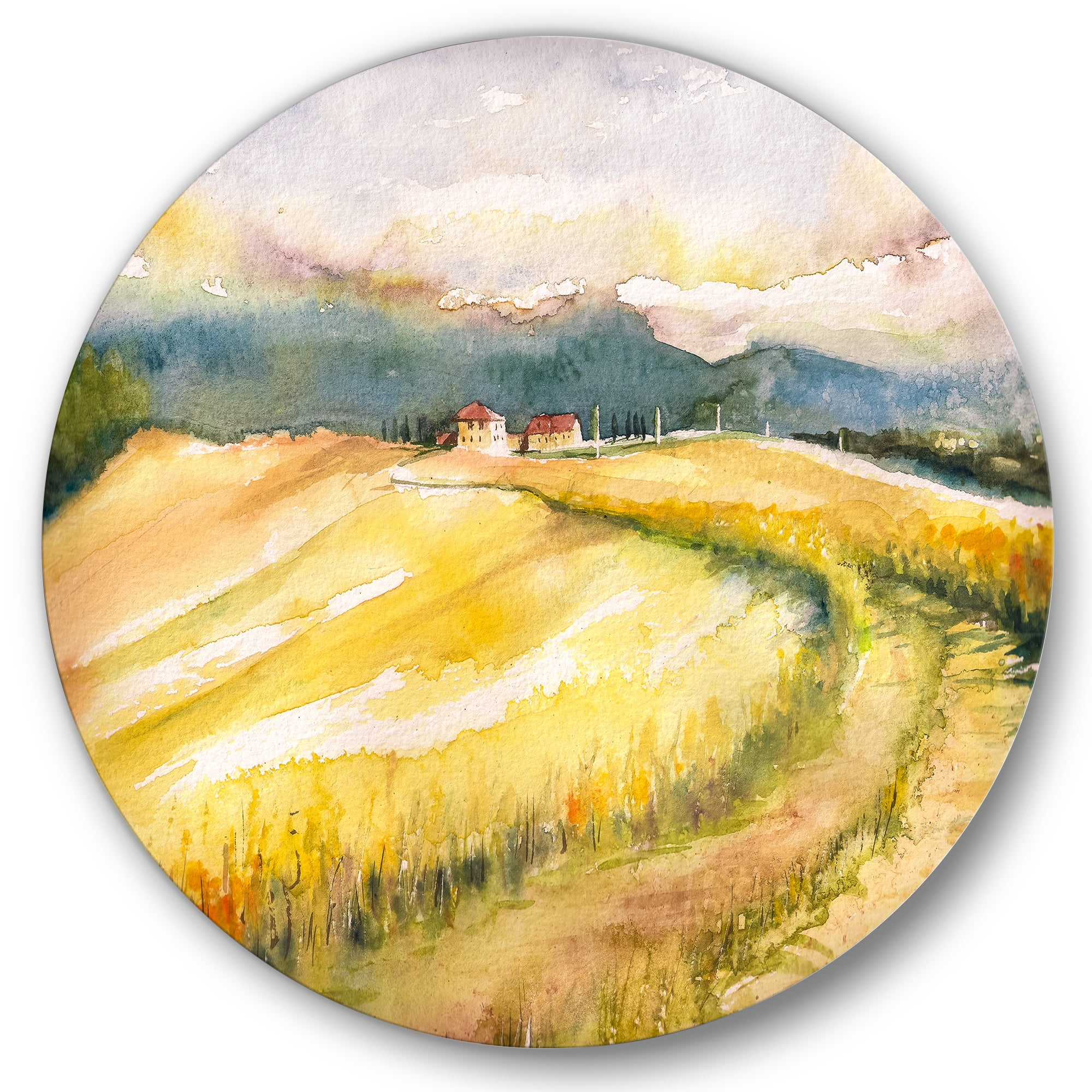 Designart 'Golden Grass Fields of Tuscany Italy' Country Circle Metal Wall Art 23x23 - Disc of 23