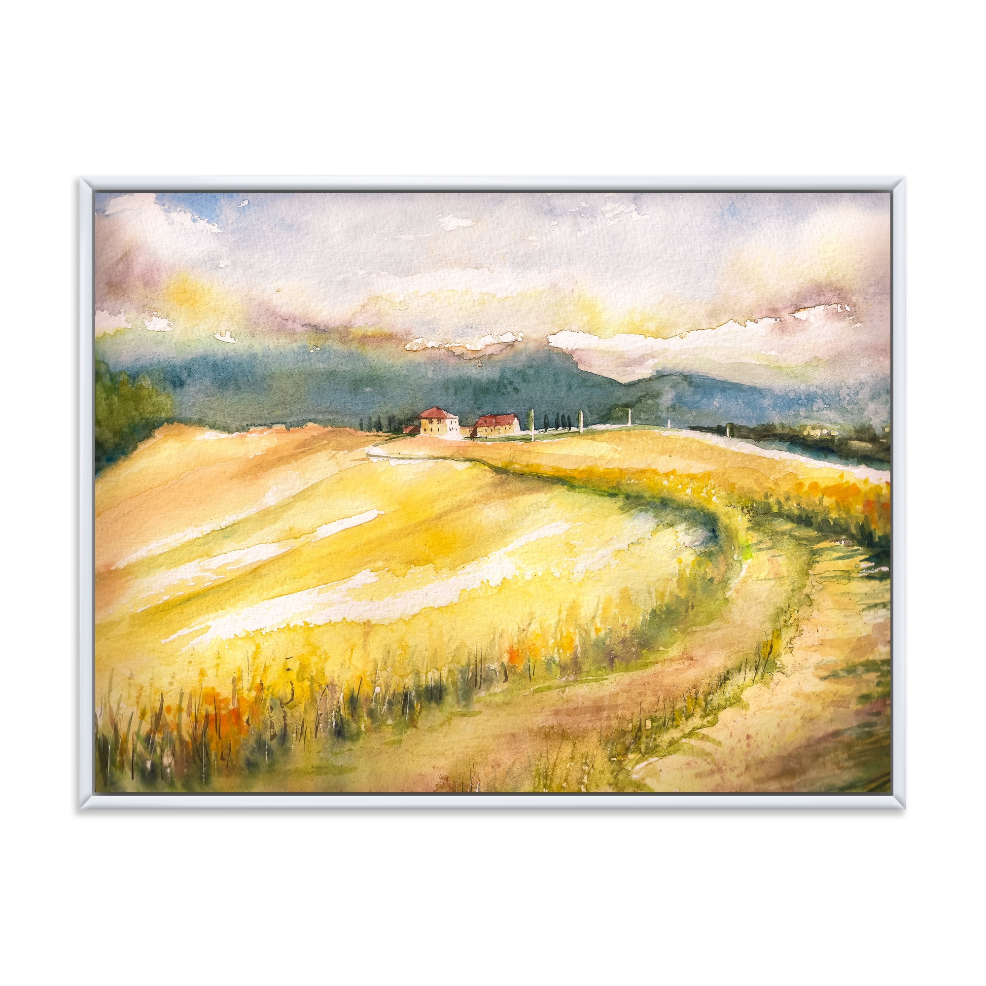 Designart 'Golden Grass Fields of Tuscany Italy' Country Framed Canvas Wall Art Print