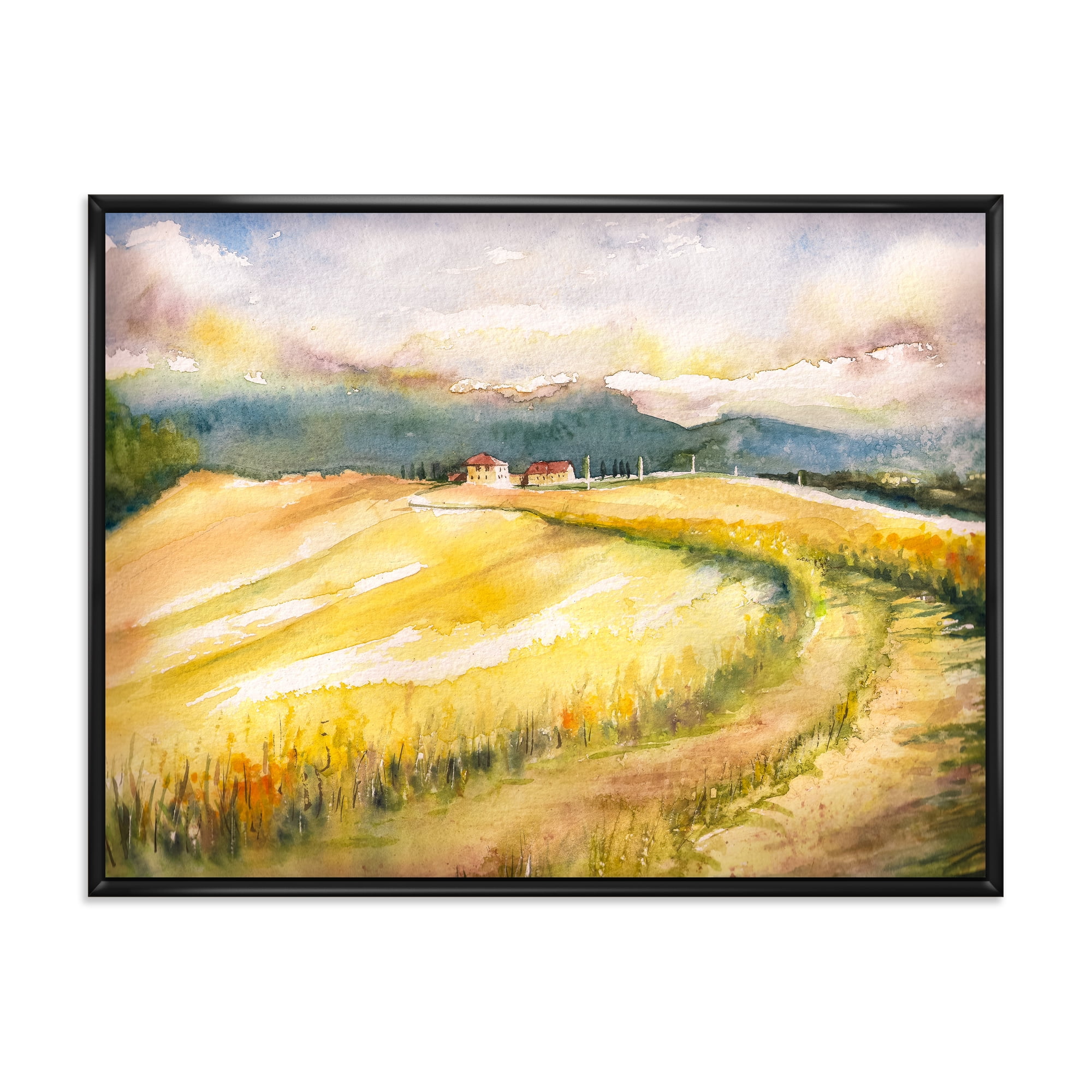 Designart 'Golden Grass Fields of Tuscany Italy' Country Framed Canvas Wall Art Print