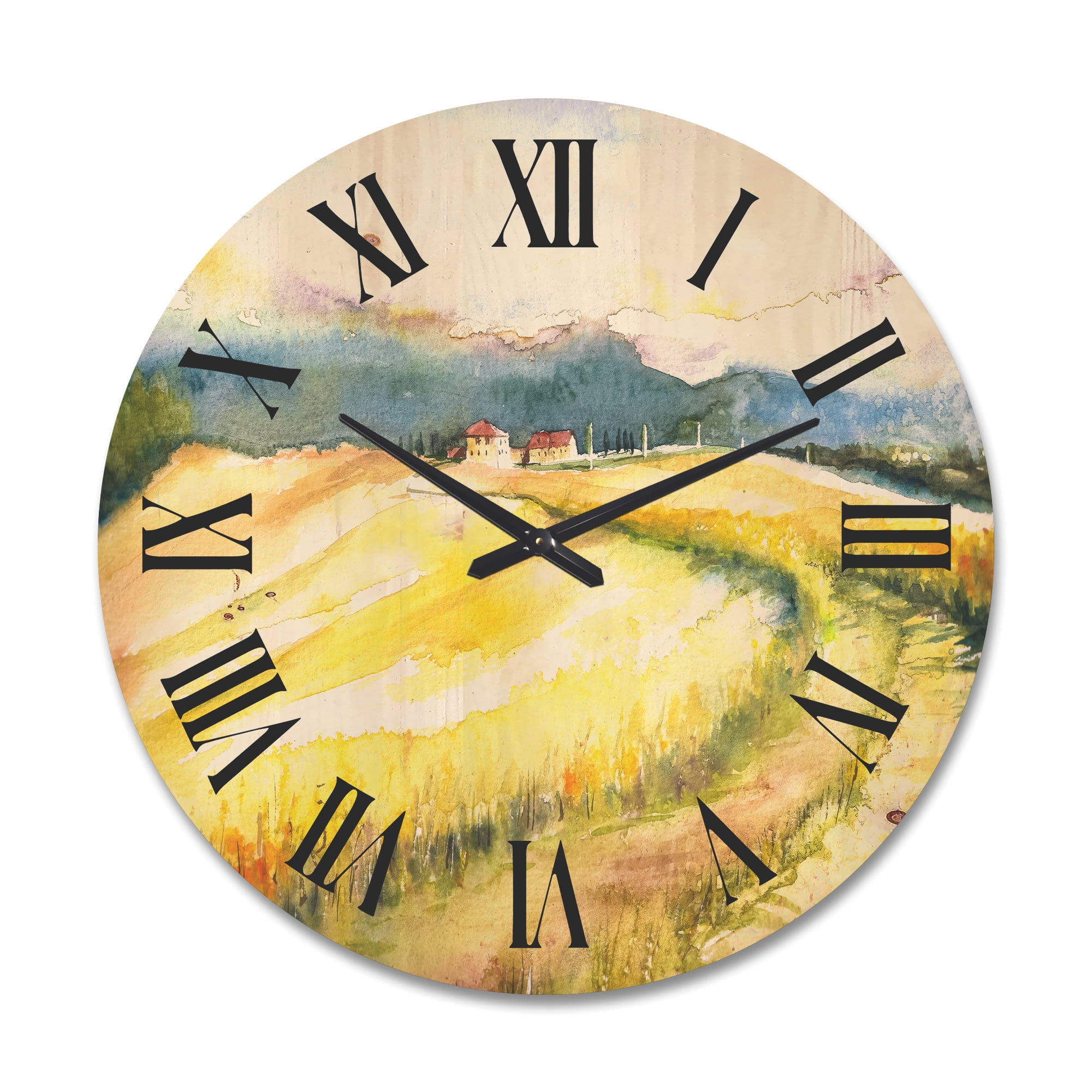 Designart 'Golden Grass Fields of Tuscany Italy' Country Wood Wall Clock