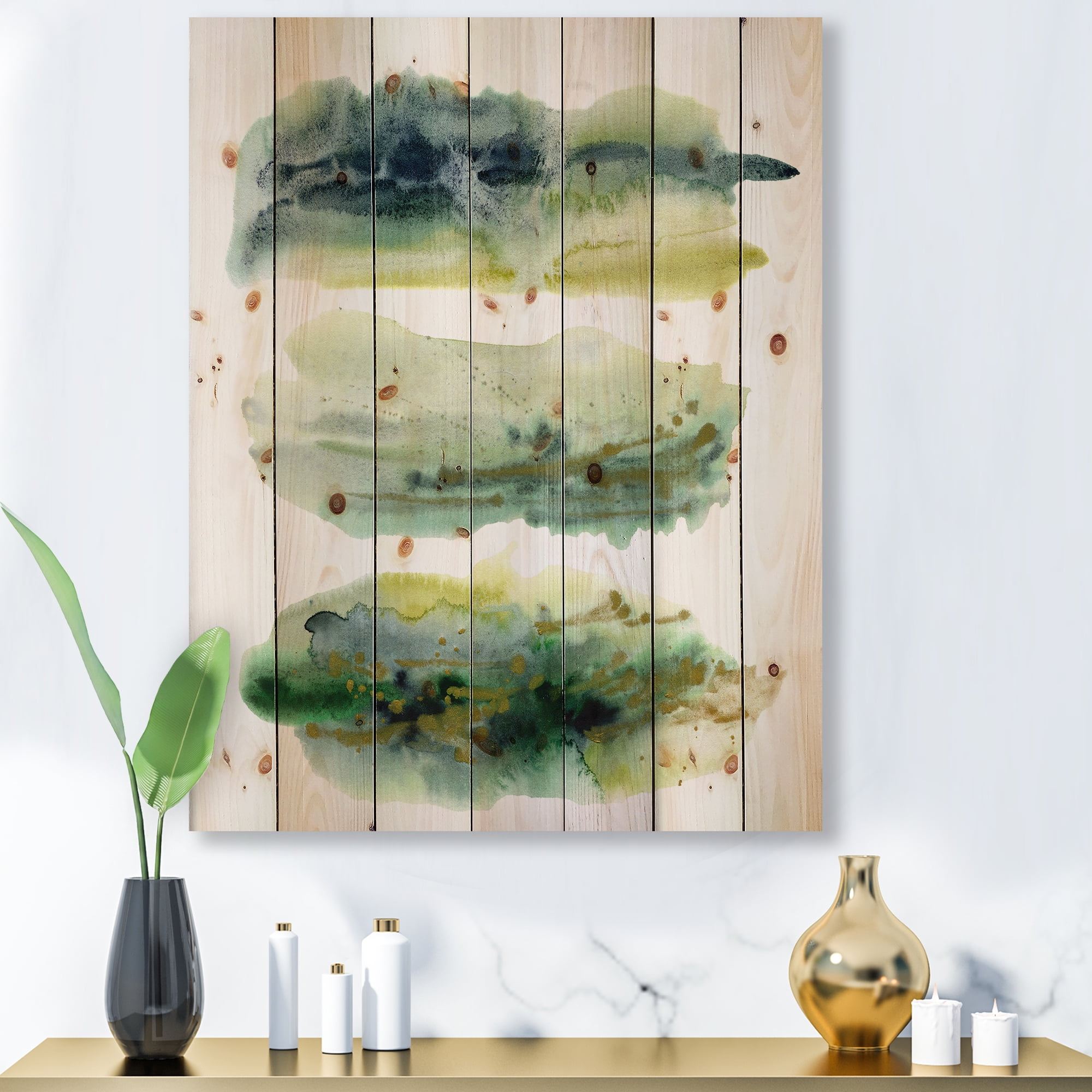 Designart 'Golden Green Abstract Clouds I' Modern Print on Natural Pine Wood