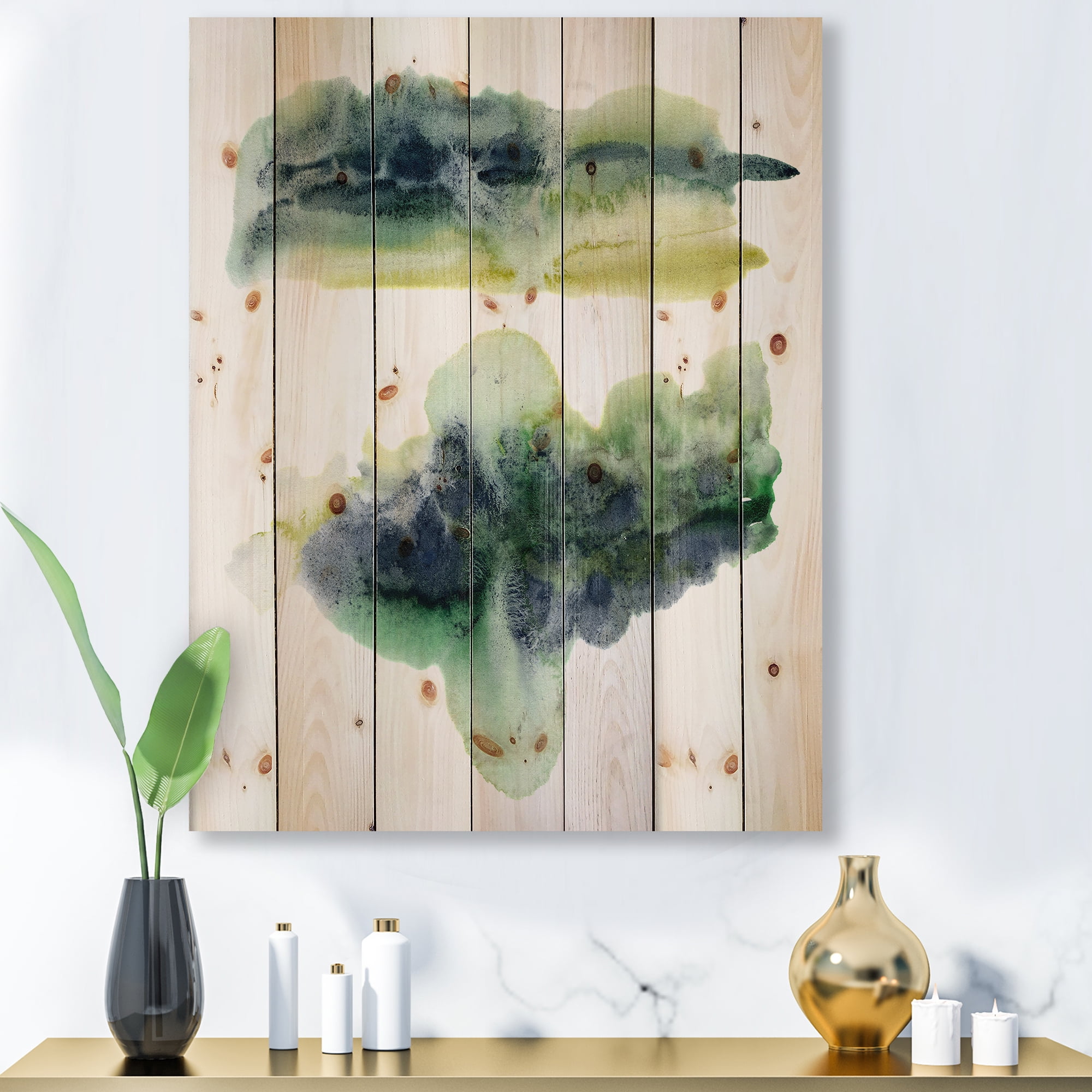Designart 'Golden Green Abstract Clouds IV' Modern Print on Natural Pine Wood