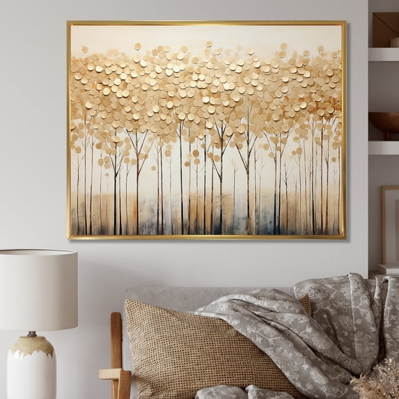 Designart "Golden Harmony Tree Landscape" Landscape Trees Floater Framed Canvas Art Print