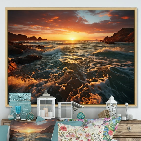 Designart "Golden Horizon Ocean Sunset" Nautical & Beach Floater Framed Canvas Art Print