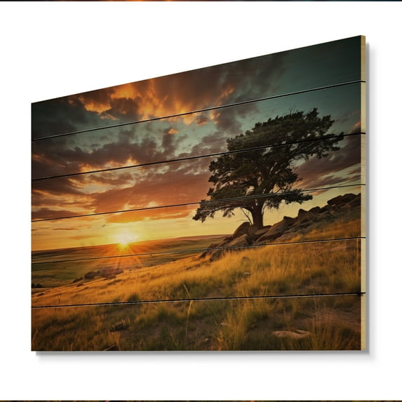 Designart "Golden Horizon Scenic Sky II" Landscapes Print on Natural Pine Wood