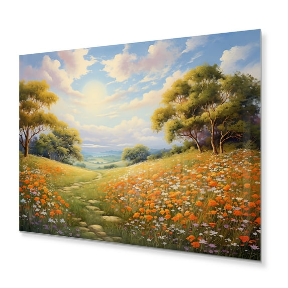 Designart "Golden Horizon with Orange and White Wildflowers" Floral Metal Wall Art