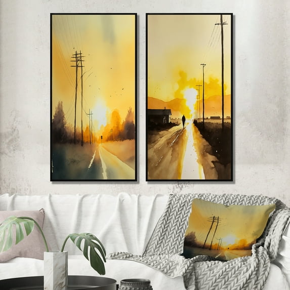 Designart "Golden Hour Country Road IV" Lake House Cottage Framed Wall Art Set Of 2 - Traditional Gold Gallery Wall Frame Set For Home Decor