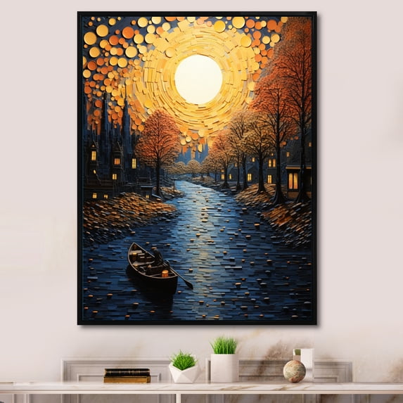 Designart "Golden Hour Glow Yellow Canal Serenity I" Landscape & Nature Floater Framed Canvas Print