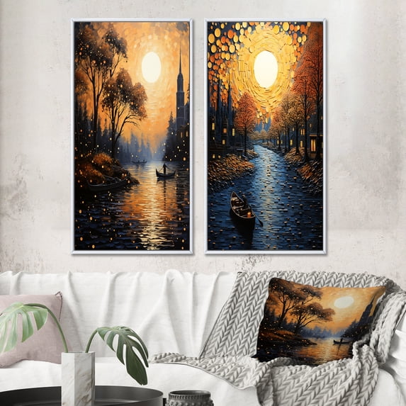 Designart "Golden Hour Glow Yellow Canal Serenity II" Canals Framed Wall Art Set Of 2 - Yellow Architecture Framed Wall Art Set Of 2