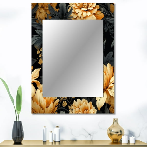 Designart "Golden Hydrangea Reverie" Damask Wall Mirror, Printed Yellow Wall Mirror, Bohemian Bathroom Wall Mirror, Decorative Damask Mirror - 30x40 Inch