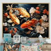 Designart "Golden Koi Japon painting I" Japanese Floater Framed Wall Art Living Room