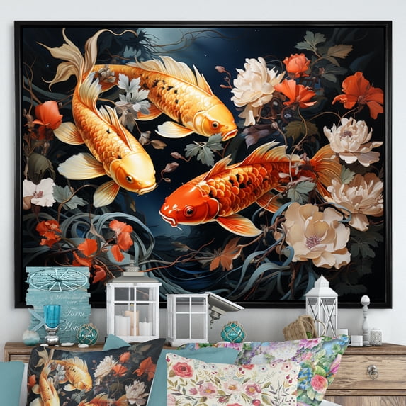 Designart "Golden Koi Japon painting I" Japanese Floater Framed Wall Art Living Room