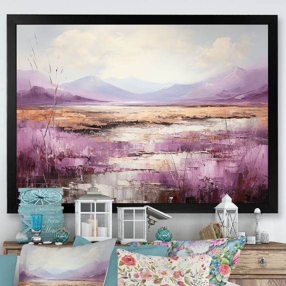 Designart "Golden Lakeside Majesty Purple and Gold Scenery III" Cottage Framed Wall Art Decor - Country Purple Lake Living Room Framed Canvas Art