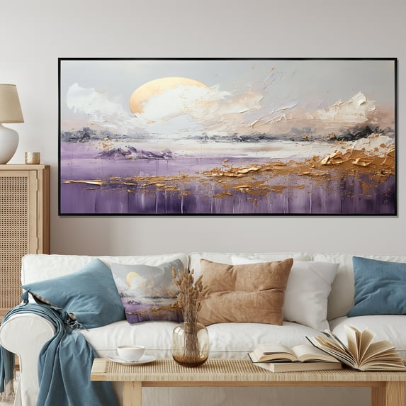 Designart "Golden Lakeside Majesty Purple and Gold Scenery IV" Oversized Cottage Framed Wall Art - Country Purple Lake Bedroom Framed Canvas Wall Art