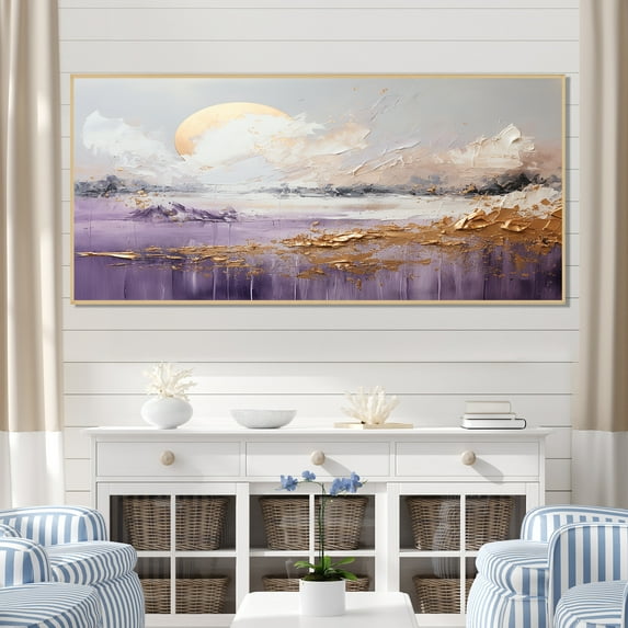 Designart "Golden Lakeside Majesty Purple and Gold Scenery IV" Oversized Cottage Framed Wall Art - Country Purple Lake Bedroom Framed Canvas Wall Art