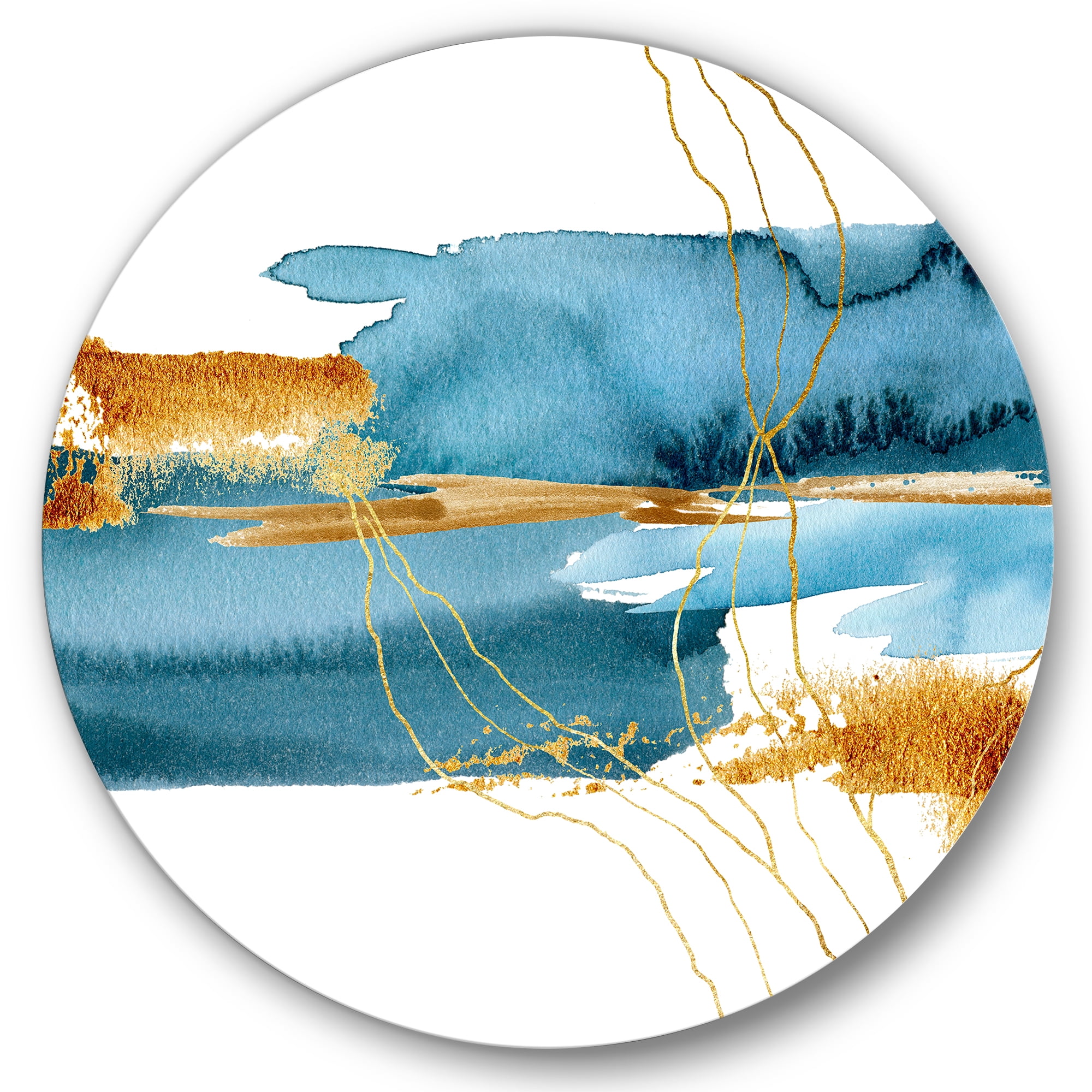 Designart 'Golden Laminaria Branch With Blue Underwater Plant' Modern Circle Metal Wall Art 29x29 - Disc of 29