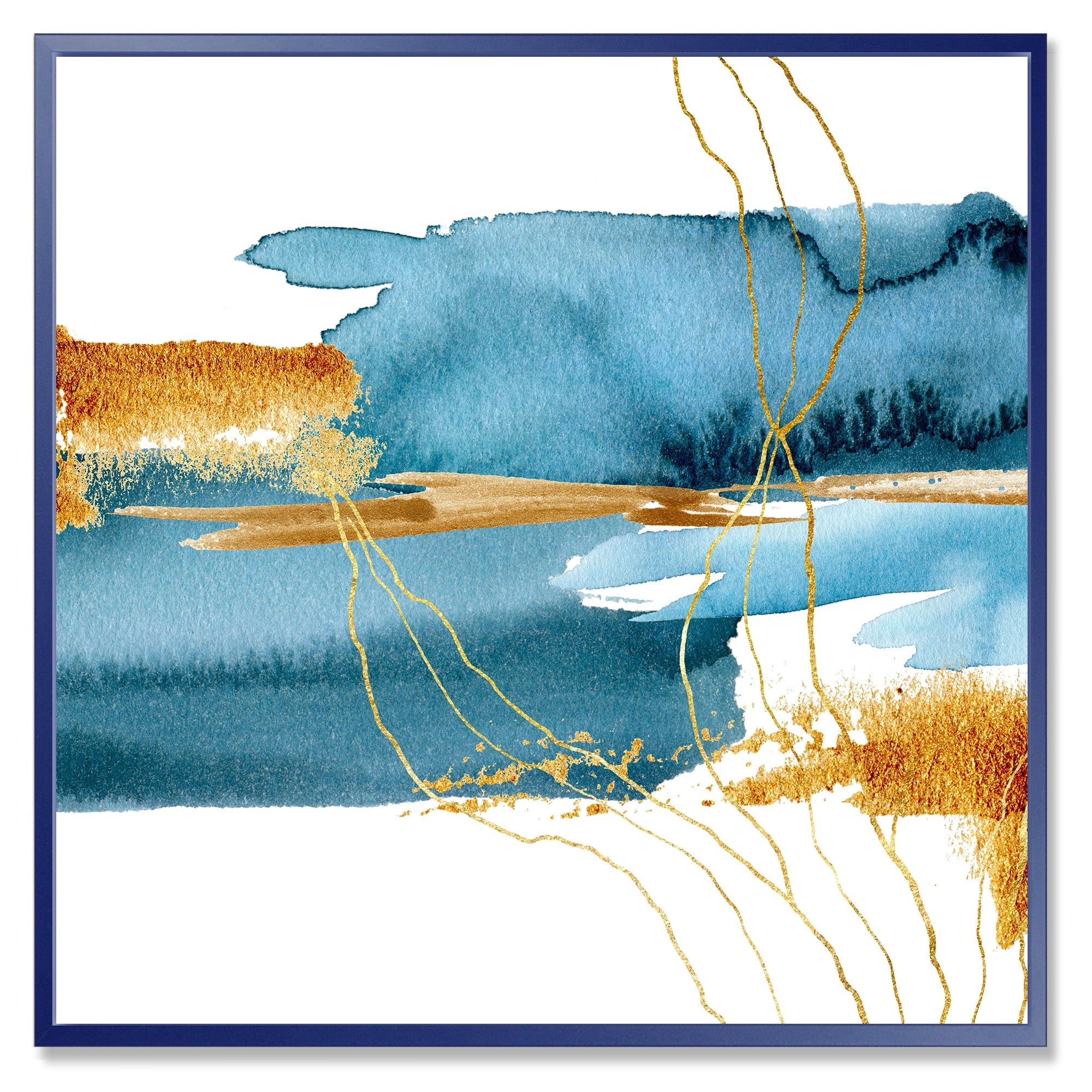 Designart 'Golden Laminaria Branch With Blue Underwater Plant' Modern Framed Canvas Wall Art Print