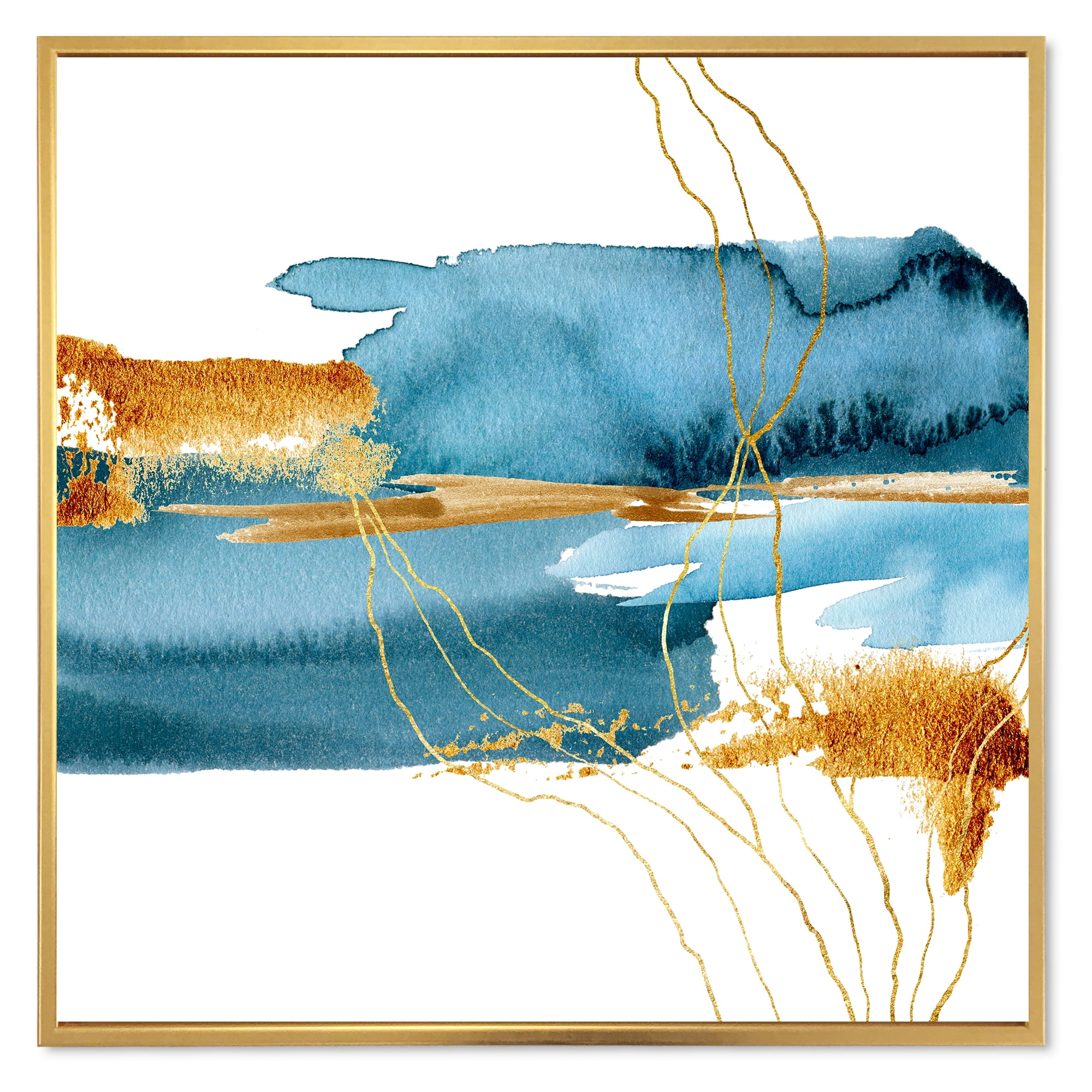 Designart 'Golden Laminaria Branch With Blue Underwater Plant' Modern Framed Canvas Wall Art Print