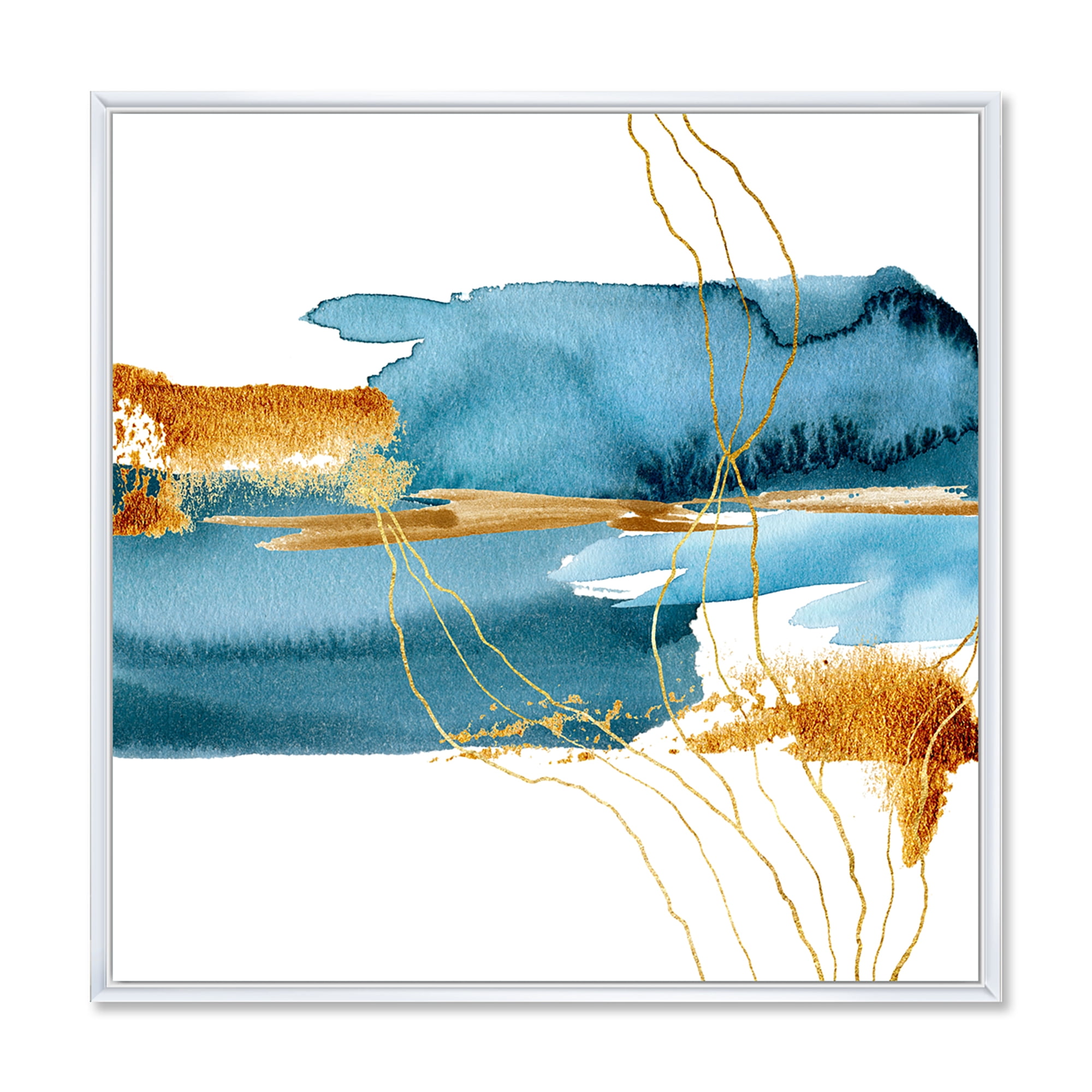 Designart 'Golden Laminaria Branch With Blue Underwater Plant' Modern Framed Canvas Wall Art Print