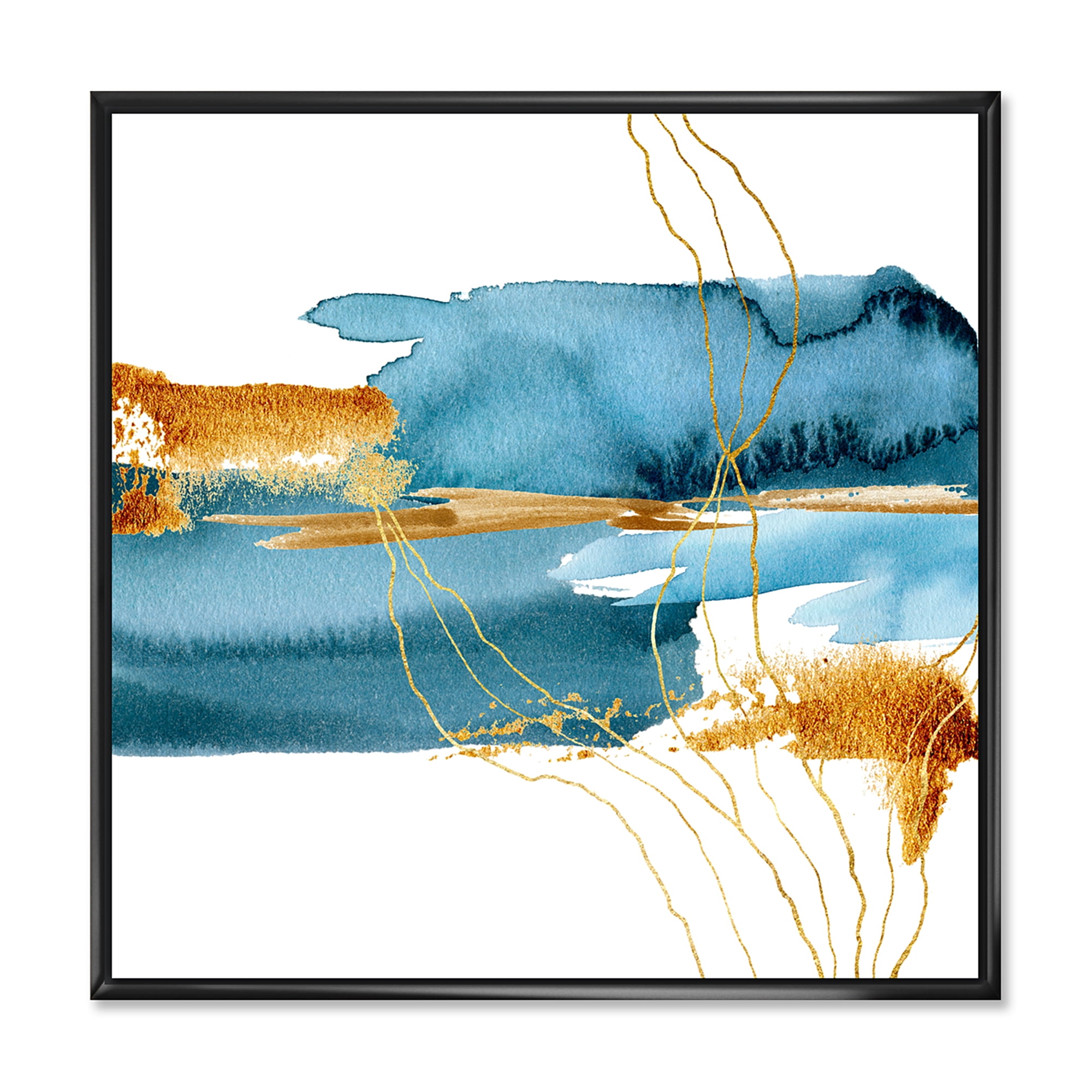Designart 'Golden Laminaria Branch With Blue Underwater Plant' Modern Framed Canvas Wall Art Print