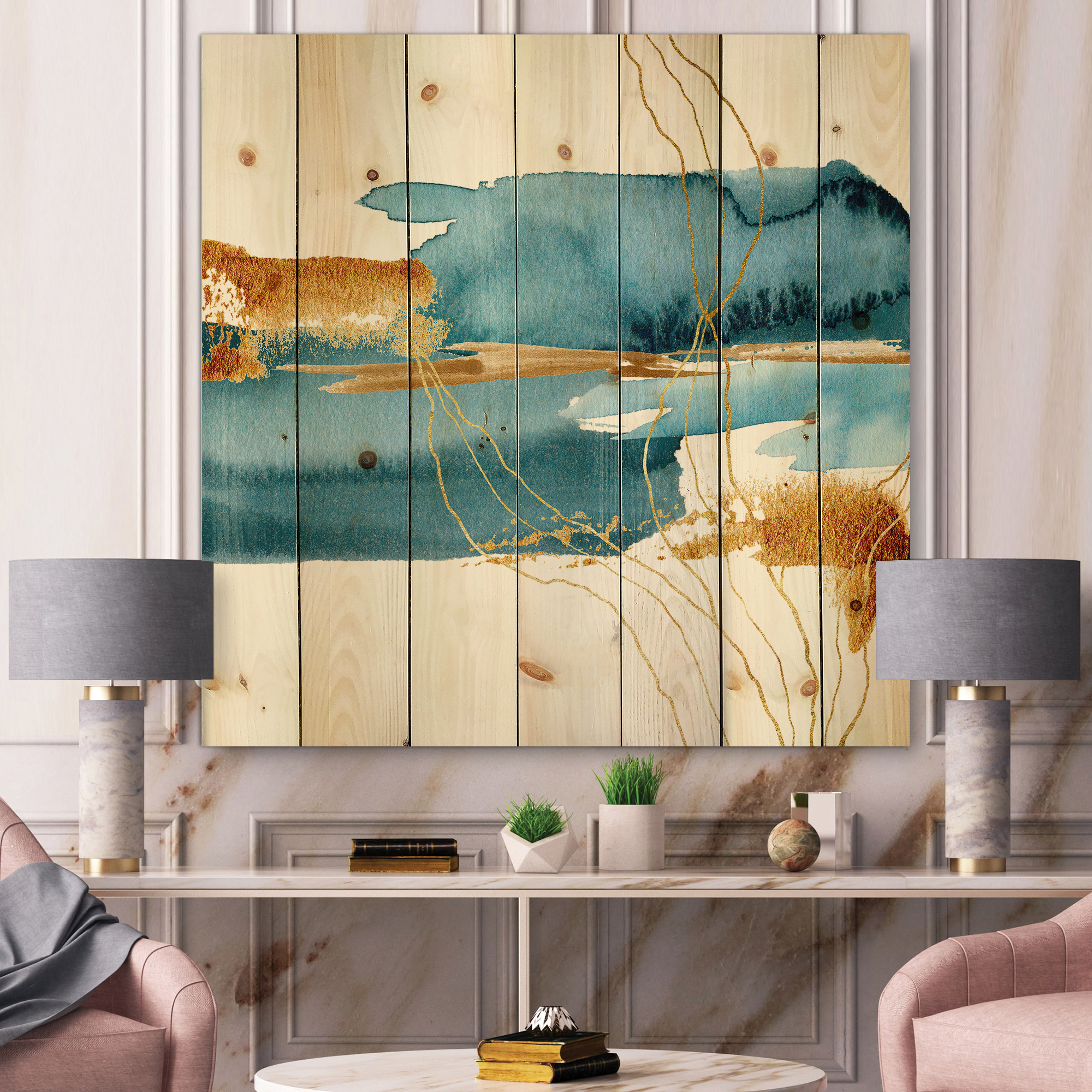 Designart 'Golden Laminaria Branch With Blue Underwater Plant' Modern Print on Natural Pine Wood