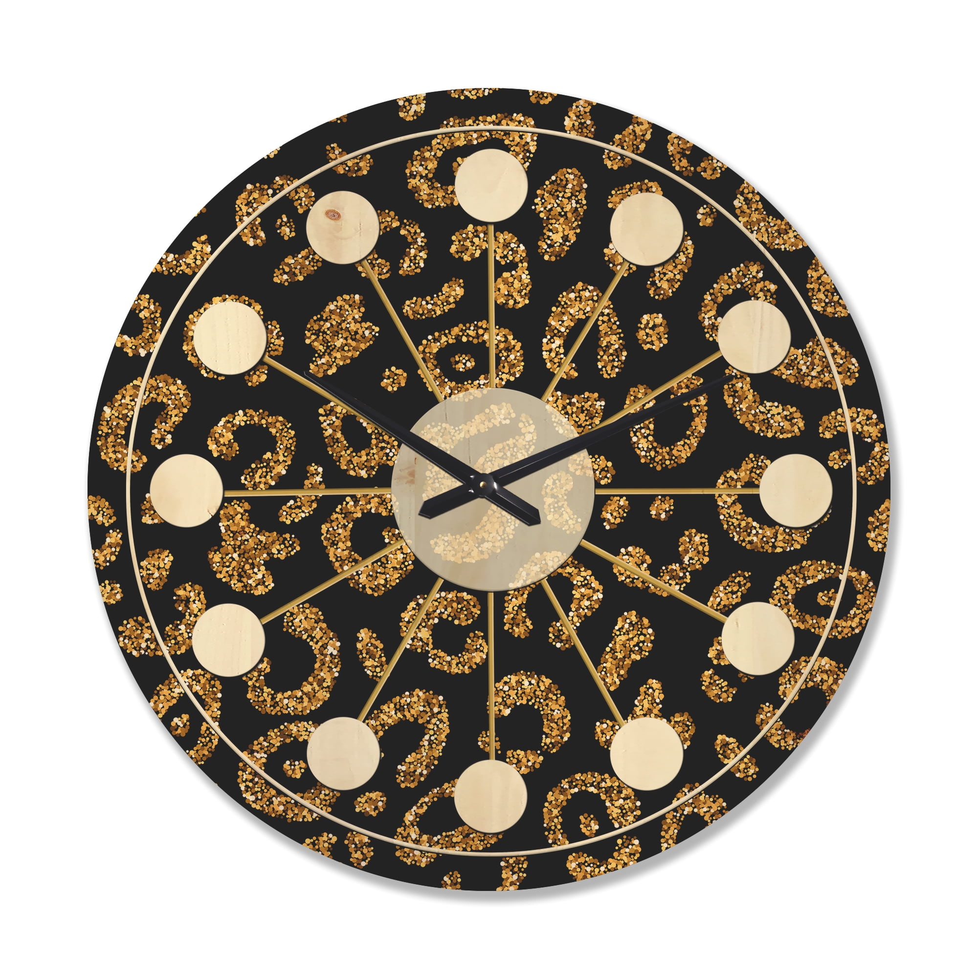Designart 'Golden Leopard Fur Shapes' Mid-Century Modern Wood Wall Clock