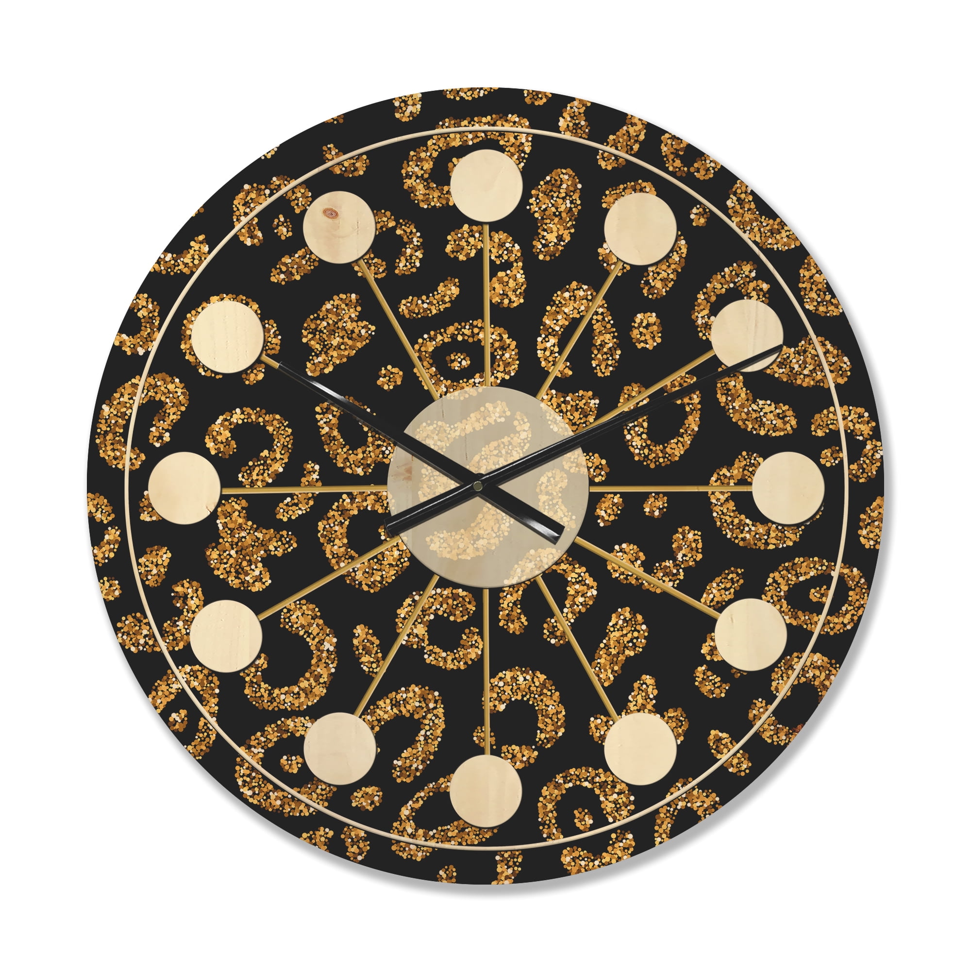 Designart 'Golden Leopard Fur Shapes' Mid-Century Modern Wood Wall Clock