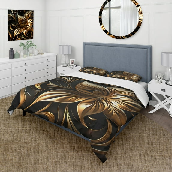 Designart "Golden Lily on Noir I" Floral Lily Bedding Covert Set - Lily Gold Floral Bed Set With 2 Shams