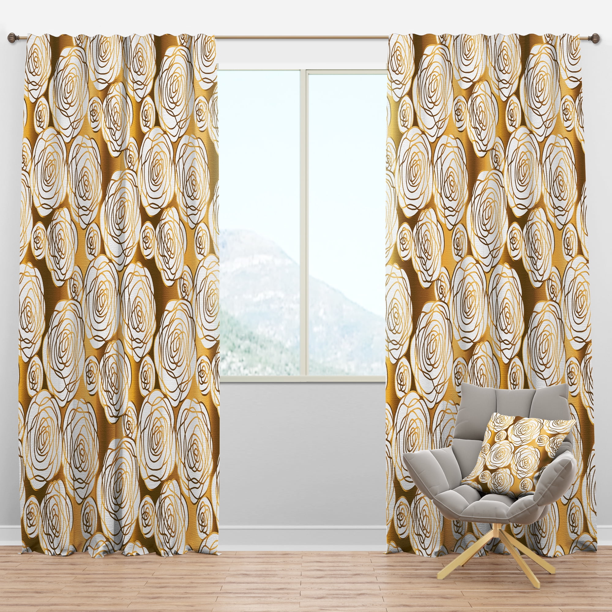 Designart 'Golden Lines Floral III' Mid-Century Modern Blackout Curtain Panel