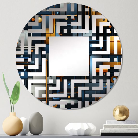Designart "Golden Lines in Industrial Geometric Harmony" Geometric Maze Round Wall Mirror - Oval Printed Decorative Mirror - Multiple Color Options